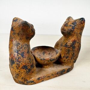 Vintage Mayan Cats Clay Hand Made‎ Pottery Candle Holder Statue decor